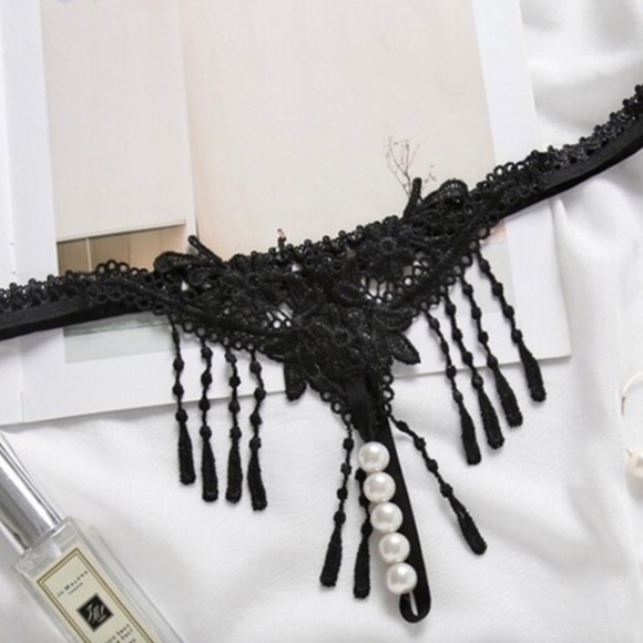 BLACK colour * 5 Pearl T Back G String Open crotch Panties with embroidery - Picture 1 of 5